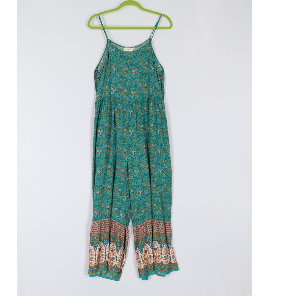 Natural Life Floral Wide Leg Jumpsuit Womens Size L Blue Boho Cottage Hippie